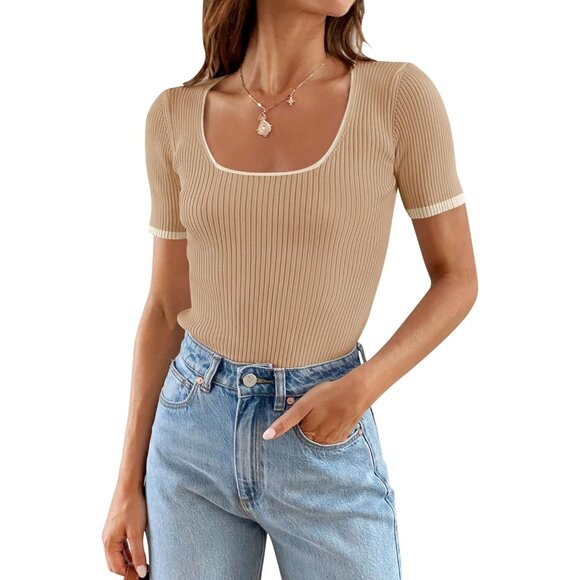 Women's Short Sleeve Square Neck Color Block T Shirt Slim Fit Ribbed Knit - Picture 1 of 7